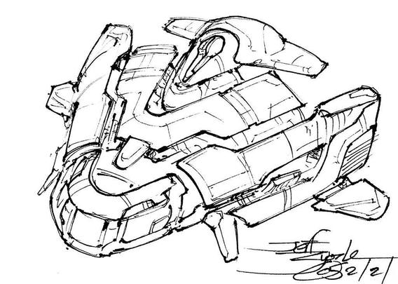 Black and white line art sketch of an imaginative sci fi spaceship. Each one is very different. Like a tiny, rounded off Star Destroyer, v-shaped with a streamlined T-shaped upper tower.