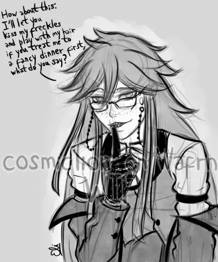 Digital greyscale sketch of Grell Sutcliff from Black Butler, drawn from the hips up. She is leaning towards the viewer, putting her finger to her lips and saying "How about this: I'll let you kiss my freckles and play with my hair if you treat me to a fancy dinner first, what do you say?" The background is light grey.