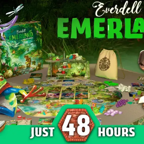 A vibrant tabletop scene showcases the Everdell Emerland expansion, featuring a lush jungle backdrop. In the foreground, a colorful frog character in a cape gestures towards the game components, which include a detailed game board, various tokens, and meeples. A cute, anthropomorphic creature resembling a bear holds an envelope, while the text "JUST 48 HOURS" is prominently displayed at the bottom, emphasizing the campaign's urgency.
