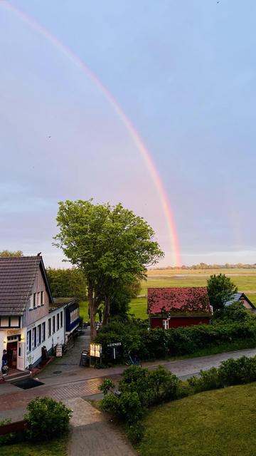 Blick aus dem Fenster Richtung Vitte. Der gepflasterte Weg vor dem Garten ist naßgeregnet. Der Blick geht über die Gastwirtschaft Wieseneck gegenüber über die dahinterliegenden Wiesen hinaus. Am Horizont ist ein Regenbogen zu sehen.