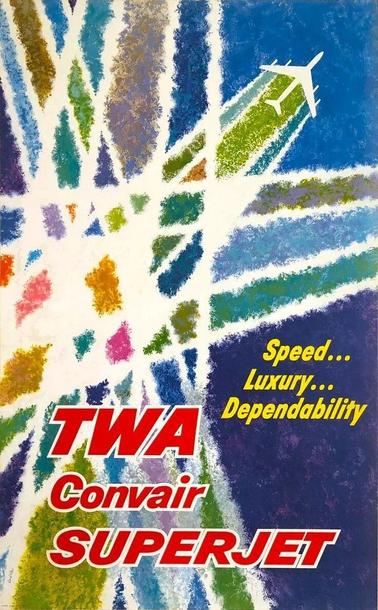 This vintage TWA poster advertising the Convair “SuperJet” is filled with bold color, motion, and the energy of the early Jet Age. The artwork consists of sweeping, textured streaks that cover nearly the whole background, resembling thick, painterly contrails. These strokes run diagonally upward from left to right and come in a wide variety of colors: deep blues, bright greens, soft purples, warm yellows, and occasional pinks and oranges. The texture is rough and dappled, almost like sponged paint, creating a sense of speed and vibration rather than a smooth sky.

Near the top right corner is the simple white outline of a passenger jet seen from above, angled sharply upward as if climbing rapidly. Its silhouette is clean and geometric, contrasting with the busy background. A set of bright, white-and-green streaks trail behind the aircraft, blending into the other colored paths and suggesting powerful thrust and forward momentum.

On the right side of the poster, the slogan “Speed… Luxury… Dependability” appears in bright yellow lettering, tilted slightly forward as if leaning into the motion of the plane. The lower third of the poster contains the bold red title text: “TWA” on top, followed by “Convair,” and finally “SUPERJET” in the largest type. All of the title text is outlined in white, helping it stand out clearly against the multicolored background.

The overall design conveys excitement, optimism, and technological progress.