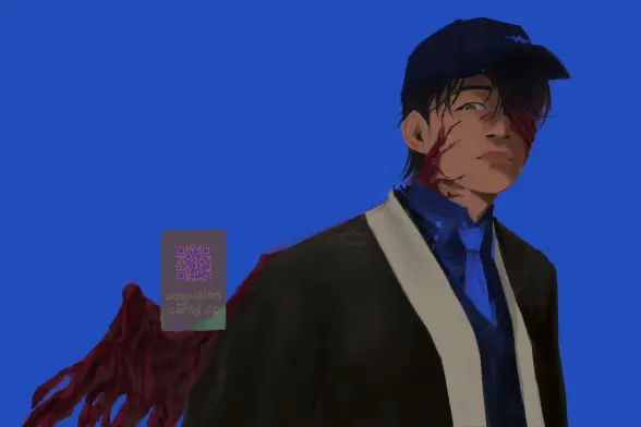 An illustration of Yi Sang from Limbus Company as he's depicted with the Dimension Shredder ego, Wayward Passenger's viscera creeping up his face.