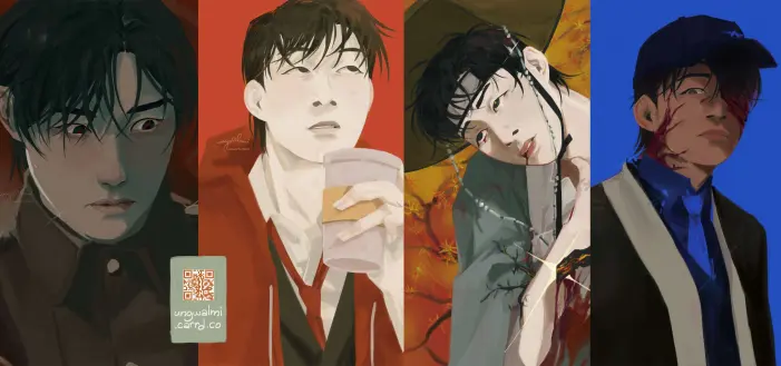 Four cropped portraits of Yi Sang from Limbus Company in various settings.