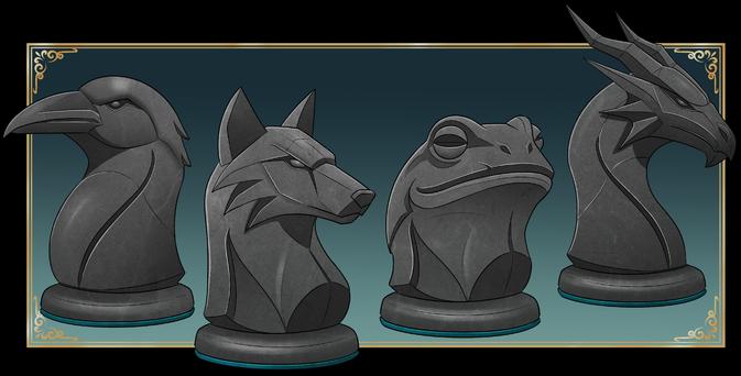 Four stylized stone figurines resembling chess pieces are displayed side by side against a teal background with a decorative gold border. Each piece depicts an animal head carved in dark gray stone: a crow, a wolf, a frog, and a dragon. The sculptures have smooth, angular forms and sit on round bases with subtle blue accents, giving them an ancient, ceremonial appearance.