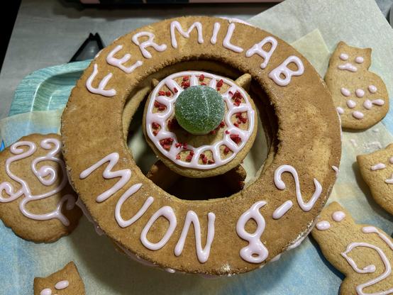 Piparkakkuhiukkaskiihdytin. Kuorrutteella kirjoitettu: Fermilab Muon g-2