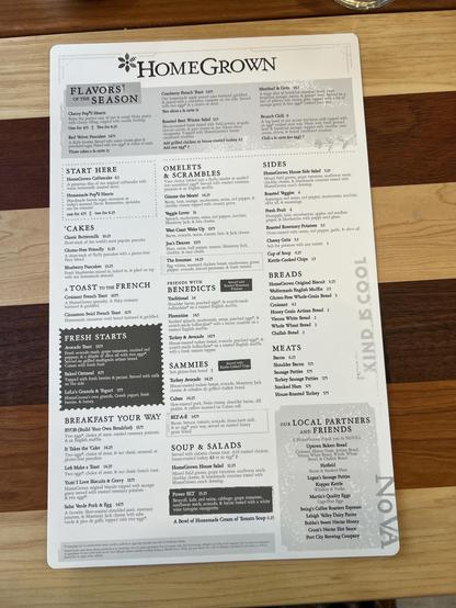 The image displays a menu from a restaurant called "Home Grown," featuring a variety of breakfast and brunch items.