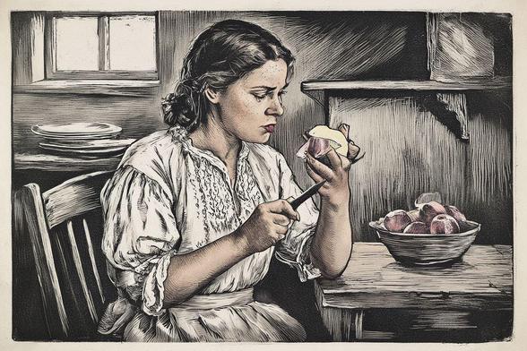 A young woman peels apples in a rustic kitchen