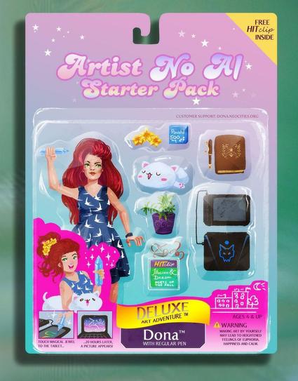 The Artist No AI Starter Pack styled like a 90s toy doll packaged in plastic blister with pastel pink and teal cardboard backing with a hook cut-out. It is called "Deluxe Art Adventure™ - Dona™ With Regular Pen". The doll has long red hair and wears a blue summer dress with white swallows and is holding a blue jewel shaped like a pen. She comes with many accessories: a yellow flower hair claw, a pack of painkillers, a peach cat plushie, a happy bean plant, a fountain pen and matching journal, a laptop with a tablet attached to it, and a HITclip of Poets of the Fall song Illusion & Dream. On the bottom is a showcase of how to use the jewel pen: touch magical jewel to the tablet, 20 hours later a picture appears! The doll is for ages 4 and up and comes with a warning: "Making art by yourself may lead to heightened feelings of euphoria, happiness and calm".