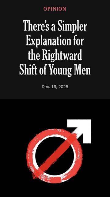 NYT opinion headline: There’s a simpler explanation for the rightward shift of young men.” Beneath the text there is a white circle/arrow symbol for “male” with a circle and slash superimposed in red.