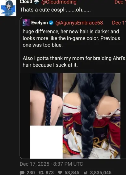 @Cloudmoding:“Thats a cute cospl-.......oh......”❝🔁AgonysEmbrace68:“huge difference, her new hair is darker and looks more like the in-game color. Previous one was too blue.  Also I gotta thank my mom for braiding Ahri's hair because I suck at it.”