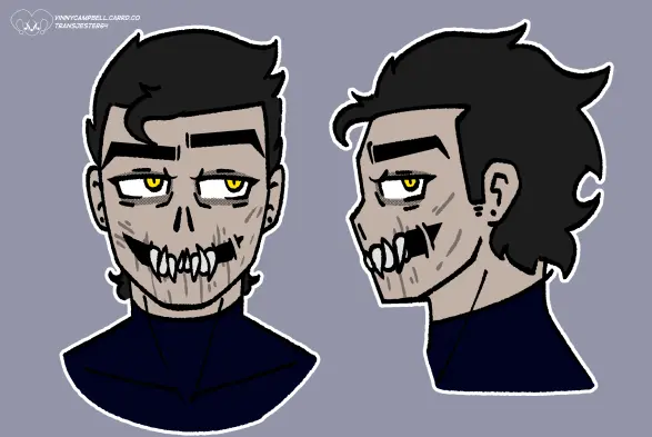A front and side view of Kain's face.