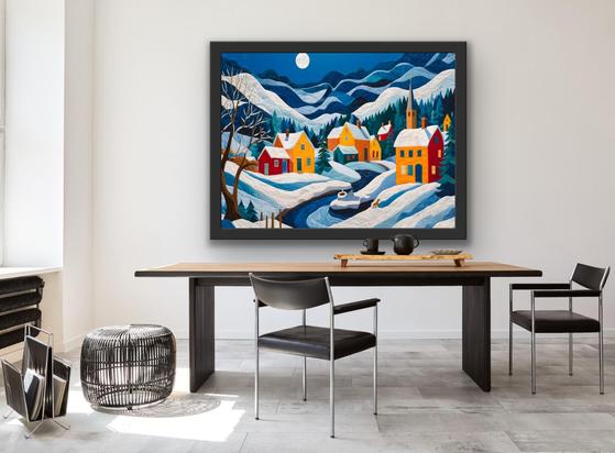 Framed artwork shown in a display room.

Experience the charm of a cozy winter village with this vibrant quilt-inspired digital landscape. Featuring snow-covered houses, rolling mountains, evergreen forests, and a peaceful moonlit sky, this colorful scene brings warmth and nostalgia to any home. Perfect for wall art lovers, winter décor enthusiasts, and collectors of handcrafted-look artwork.
