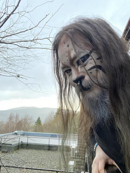 Painted as a Eurasian lynx poking my head over a rail with a mountain in the misty background.