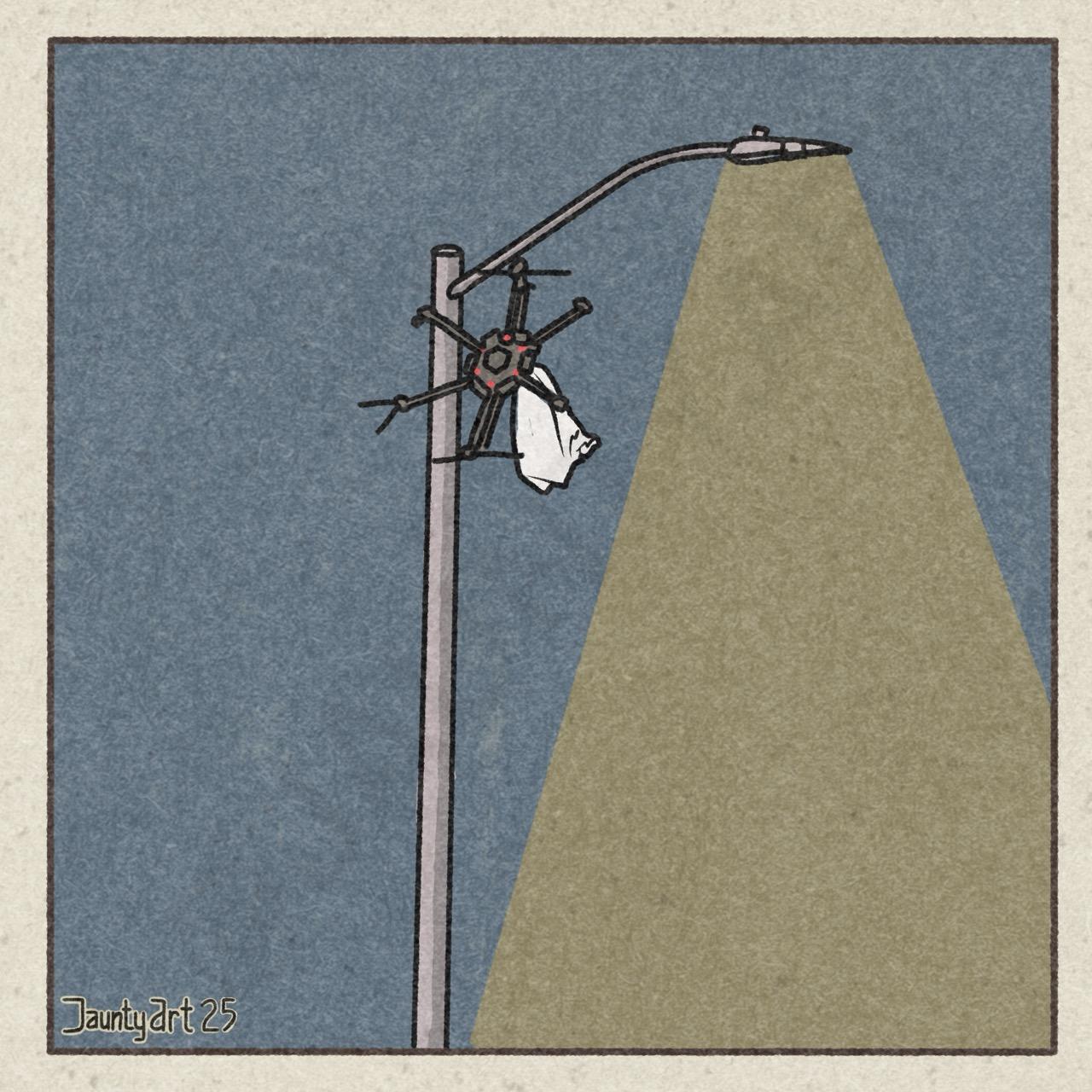 A street light with a drone stuck on it with a bag of rubbish