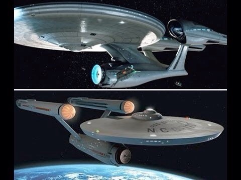 Image features two versions of the Starship Enterprise from the "Star Trek" franchise, set against a backdrop of space and Earth. The top version has a sleek design, while the bottom showcases a more classic look.