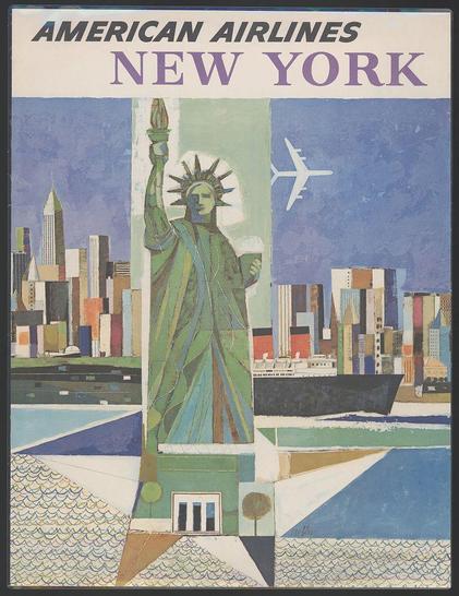This image features a vintage American Airlines travel poster for New York City, designed in 1964. The dominant figure is the stylized Statue of Liberty holding up a torch and an emerald-colored drink, set against a backdrop combining various shades to depict cityscapes with skyscrapers, waterways, and architectural elements like bridges.
In addition to the statue, there's also a model airplane in flight above the skyline. The color palette is rich yet muted, incorporating greens, blues, reds, oranges, yellows, whites, browns, greys, blacks, light blue sky with scattered clouds, and deep green of water bodies at various points throughout.
The overall artistic style suggests a blend of modernist abstraction with cultural iconography. The poster has a distinct geometric feel that's common in mid-century design while still maintaining recognizable city elements such as the Statue of Liberty itself or iconic architectural landmarks like skyscrapers which are likely part of New York City skyline representation here too, perhaps even hinting at the Chrysler Building.
The text is prominently displayed above and below this central image - "AMERICAN AIRLINES" in bold uppercase letters followed by "NEW YORK," suggesting that it's an advertisement for travel services. The poster also seems to feature a signature or date mark near the bottom left corner which says 'Heber' possibly re [...]