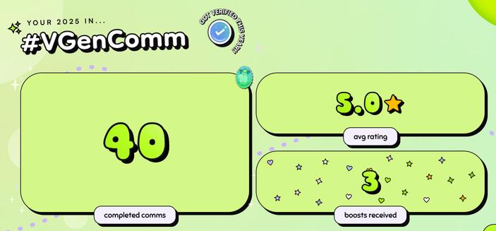 VGen Timelapse 2025 screenshot
40 completed comms
5.0 star average rating
3 boosts received