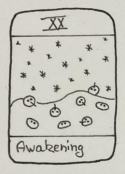 A hand-drawn illustration featuring the title "Awakening" at the bottom. The image includes a snowy landscape with small rounded shapes that resemble faces with long noses and torsos with two buttons, scattered throughout the scene, along with snowflakes in the sky. The top displays the Roman numeral "20“.