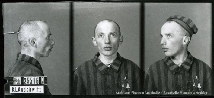 A mugshot registration photograph from Auschwitz. A man with a shaved head wearing a striped uniform photographed in three positions (profile and front with bare head and a photo with a slightly turned head with a hat on). The prisoner number is visible on a marking board on the left.