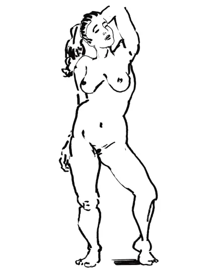 Schnelle frontale Studie einer stehenden Frau mit herabhängendem rechten Arm und erhobenem, um den Kopf geschlungenem linken Arm. Das Modell steht auf dem rechten Bein. Das linke Bein als Spielbein wird auf dem Fußballen abgestützt.