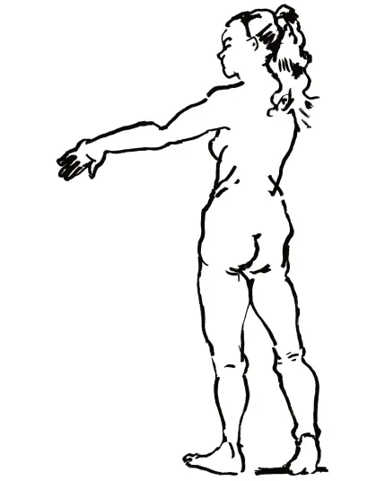 Rückansicht einer Stehenden mit hochgebundenem Zopf. Ihr linkes Bein ist das Standbein, das rechte ist auf den Fußballen gestützt. Die frau schaut nach links und streckt ihren linken Arm nach links.