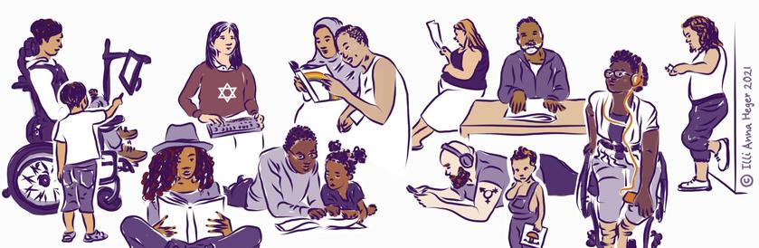eine Gruppe von Menschen, von links nach rechts: Zwei Personen of Color mit kurzen schwarzen Haaren. Die erwachsene Person im elektrischen Rollstuhl navigiert einen daran befestigten Bildschirm mit den Augen. Das Kind steht daneben und zeigt. Davor liest eine Schwarze Person ein Buch im Schneidersitz und trägt auf den gelockten Haaren einen Hut. Dahinter liest eine Person of Color auf einem elektrischen Braille-Notizgerät, das auf den Knien liegt. Die Haaren haben eine Ponyfrisur und auf dem Pullover ist ein Davidstern gestickt. Zwei Schwarze Personen lesen liegend ein gedrucktes Buch. Die erwachsene Person trägt kurze Curls und das Kind eine Afro-Frisur, zwei Puffs. Zwei Personen of Color halten sich an der Hand und lesen gemeinsam ein gedrucktes Buch, eine trägt Hijab und die andere die dunklen Haare mit Undercut. Eine weiße Person mit Rock und blonden Haaren liest ein großes Magazin. Sie lehnt an einem Tisch, an dem eine weißhaarige, Schwarze Person mit Bart sitzt und Braille auf Papier liest. Davor liegt ein weiße Person mit Glatze, Bart, einem genderqueeren Tattoo auf dem Oberarm, Kopfhörern und in der Hand ein Mobiltelefon. Davor steht ein dreijähriges Kind in Latzhose mit Bilderbuch. Daneben eine Schwarze Person mit einem kurzen Afro in ihrem manuellen Rollstuhl. Ein Handy liegt auf dem Schoß und sie liest via Audioausgabe über Kopfhörer. Daneben lehnt eine weiße, kleinwüchsige Person mit schulterlangen Haaren und blondem Bart an einer Wand und liest ein Zine-Heft.