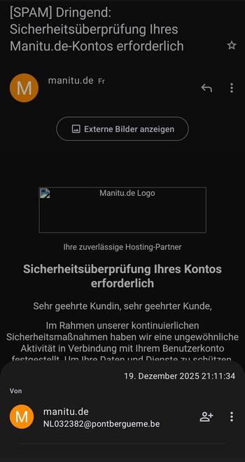 Mail im Namen von Manitu "Sicherheitsüberprüfung Ihres Kontos erfolderlich". Absender ist NL0*@ponter*.be