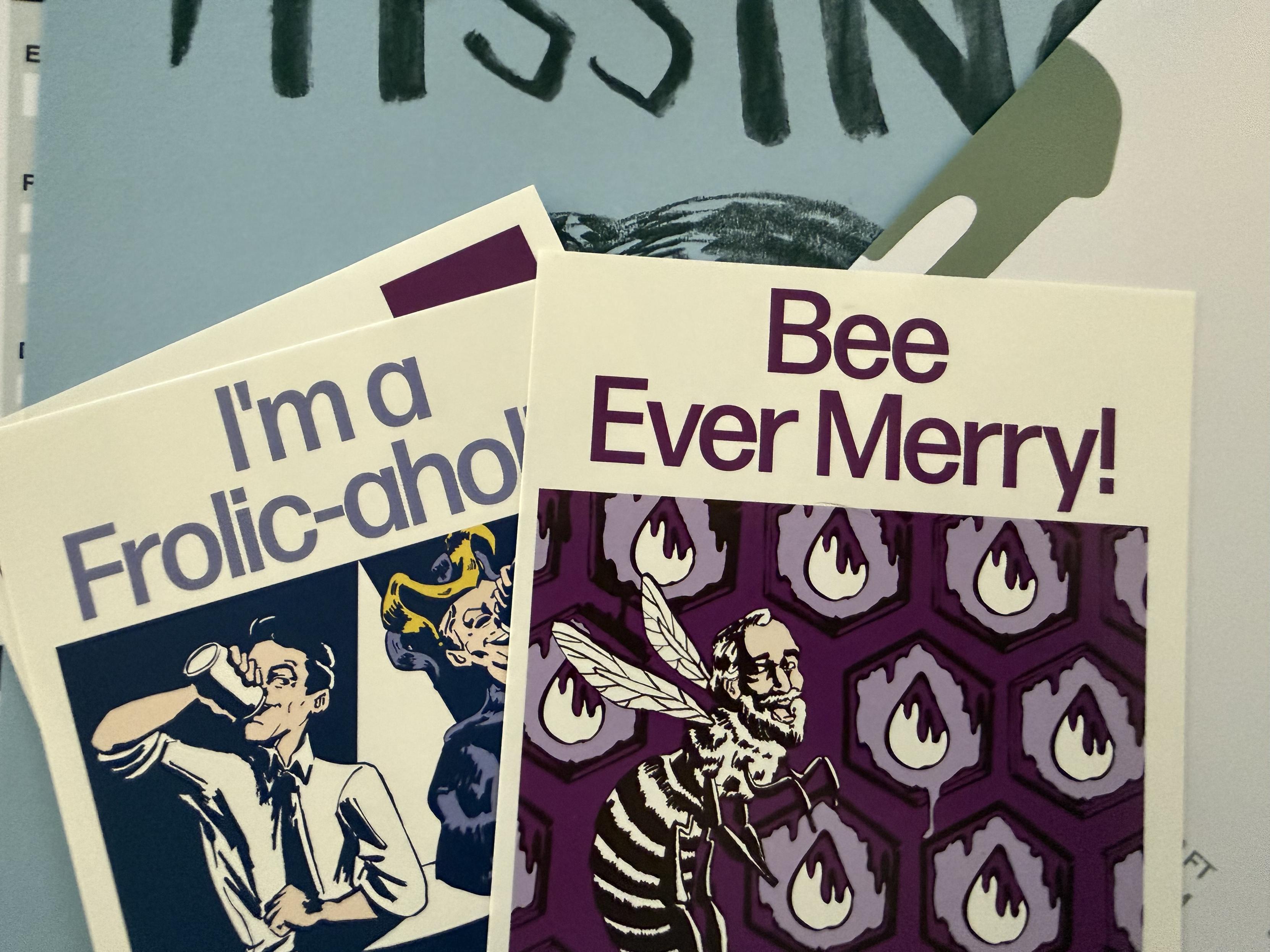 Mini posters from the TV series Severance, “I’m a Frolic-aholic” and “Bee Ever Merry!”