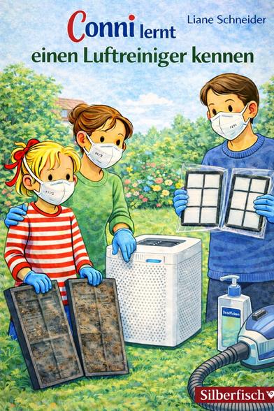 Ein Garten:
Conni tauscht im Garten mit den Eltern die HEPA-Filter von einem Luftreiniger aus.
