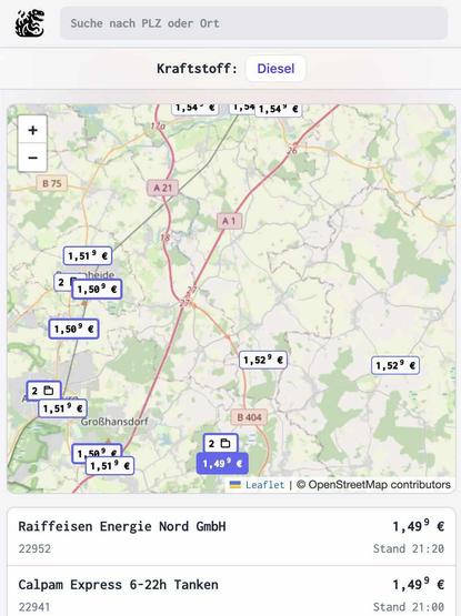 A screenshot of a website showing a search bar for location and zip code at the top, a map of Hamburg in the middle, with pins and prices for petrol stations, and a list of petrol stations below the map, showing the first two with their name, zip code, price and the time of the last price update. It’s 1,49€ at 21:20 for the first station and also 1,49€ at 21:00 for the second one. 
The petrol station names are: 

Raiffeisen Energie Nord GmbH at zip code 22952
and the second one is
Calpam Express 6-22h Tanken at zip code 22941