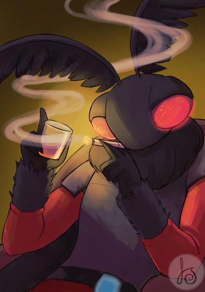 A cartoon-style image of a dark, insectoid figure with large red eyes, wings, and furry limbs. The figure holds a lit cigarette in one hand, with smoke rising, and a glass containing purple liquid in the other hand; smoke also drifts from the glass. The figure wears red and dark clothing, with a blue light on the belt. The background is a gradient of yellow and brown, and a circular logo with Feff's signature is in the bottom right corner.

Thanks to Altbot for the alt text