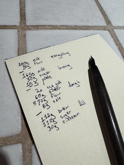 Recipe ingredients listed on cream paper with grey dots in a grid, fountain pen beside.
