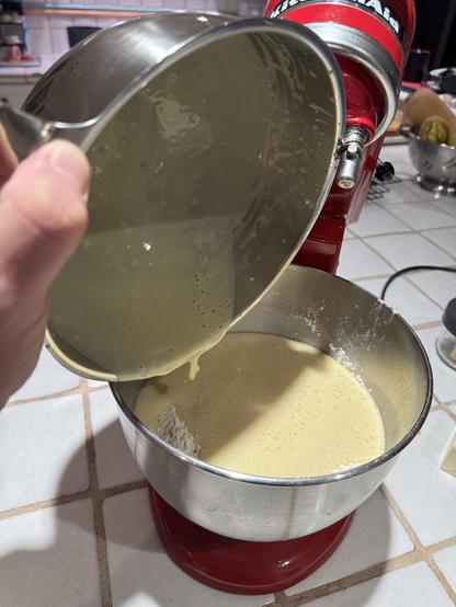 We whisked together the tangzhong, yeast starter, melted butter and egg yolks; pouring into stand mixer bowl with 570g bread flour & 6g salt