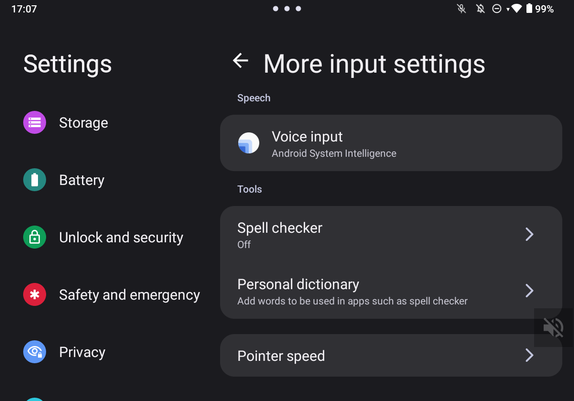 Input Settings on Lenovo Tab, which include keyboards, but here showing Speech as a main input and Voice Input app provided by Android System Intelligence, all of which has been done without my consent
