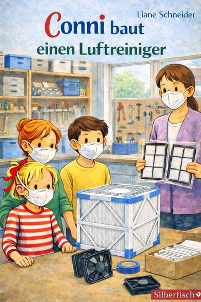 Eine Lehrerin mit zwei Schülern und Conni beim Bau eines DIY Luftreinigers.