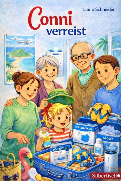 Fünf Personen mit gepacktem Reisekoffer mit Masken, Handschuhen, Desinfektionsmittel, portablem Luftreiniger, Kleidung und Spielzeug.