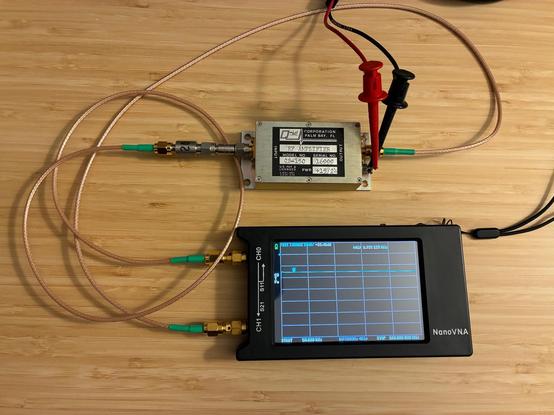 Desktop photo showing NanoVNA-H4 connected to QB-150 RF amplifier through a 40 dB pad on the input side, measuring S21 gain of +24.5 dBm through HF up to 100 MHz. Amp has +12.2 VDC applied. It works!