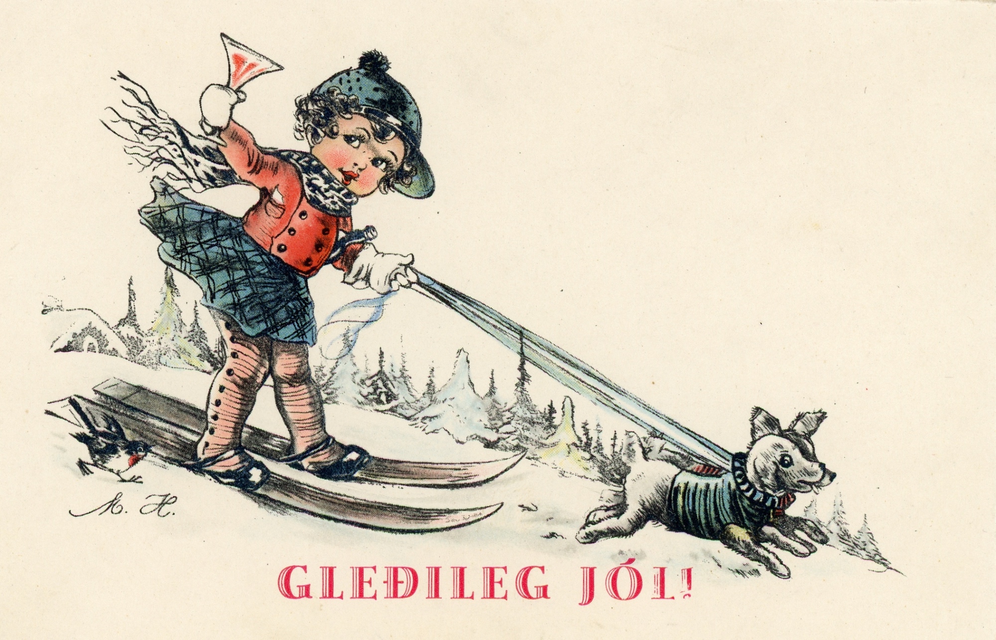A vintage Christmas card featuring a drawing of a little girl on skis being pulled by two dogs.