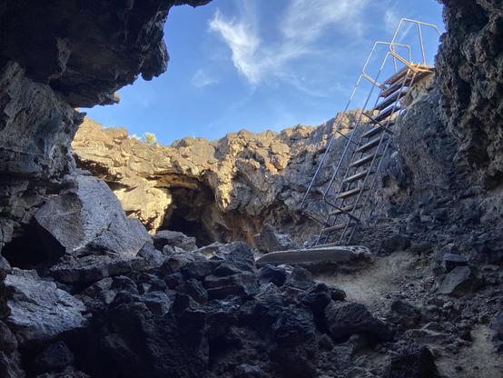 The view from below looking at the sky and the ladder that leads into the boring lava tubes