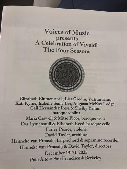 The program for “Voices of Music presents: A Celebration of Vivaldi The Four Seasons”