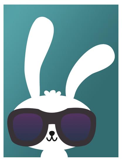 a cool bunny wearing glasses in a blue frame.