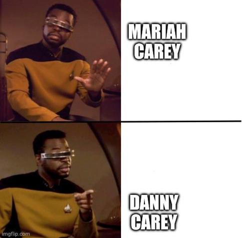 Geordie LaForge meme with "Mariah Carey" on the top panel and "Danny Carey" on the bottom one