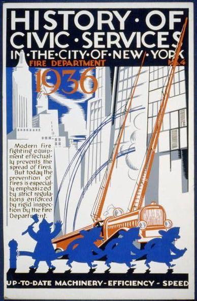 The image depicts a vibrant poster from the Federal Art Project, showcasing scenes of civic services in New York City during 1936. The dominant colors are blue and red with hints of white and black adding contrast to the design. At the top, bold letters spell out "HISTORY OF CIVIC SERVICES IN THE CITY OF NEW YORK FIRE DEPARTMENT," followed by a prominent date "1936." A dramatic illustration shows fire fighters in action; they're engaged in battling a building on fire with their ladder truck extended upwards.

In blue silhouettes at the bottom, figures that appear to be fire trucks and ladders are implied. The poster highlights advancements such as modern firefighting equipment and machinery efficiency through bold text "UP-TO-DATE MACHINERY-EFFICIENCY-SPEED." This suggests an emphasis on progress in public safety services during this time period.

The overall design is indicative of the Art Deco style popular at that era, known for its geometric shapes and streamlined forms. The poster serves as a historical document reflecting civic pride and modernization efforts within New York's fire department system over 85 years ago.