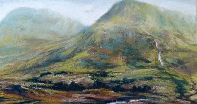 A pastel painting of mountains in Glencoe in summer on a rather wet and windy day with quite a lot of mist.  The mountains are very green.