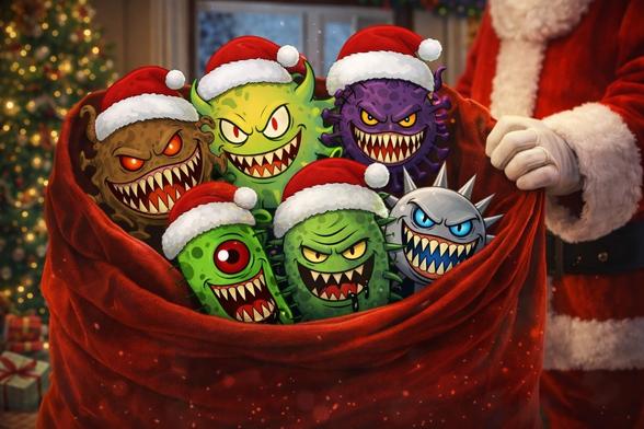 Nahaufnahme: Im Sack vom Weihnachtsmann sind sechs Viren.