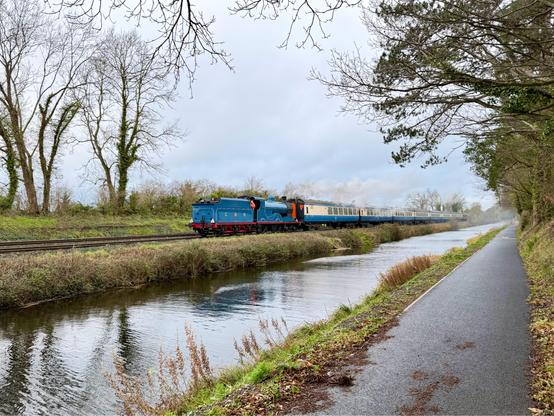 A wide landscape view looking down a long straight section of a rural canal with a paved towpath on the near bank and a railway line on the far bank. The canal appears from a vanishing point in the right background and exits the frame in the bottom left corner. A blue steam loco is approaching with a rake of cream and blue carriages. The loco is running ‘backwards’ with its coal tender leading and chimney trailing. A cloud of clean white steam trails behind over the carriages. Bare tree branches frame both and the edges of the top of the scene, and the sky overhead is light grey and overcast.