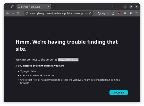 A browser window showing a failed attempt to load cyber.gc.ca saying "We're having trouble finding that site"