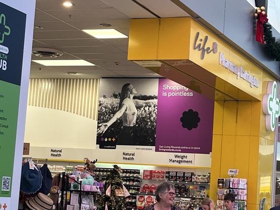 A photo from inside Barrington Mall in Christchurch, NZ. A big sign on the wall has a black and white photo of a woman in a field of flowers next to the words “Shopping is pointless.”