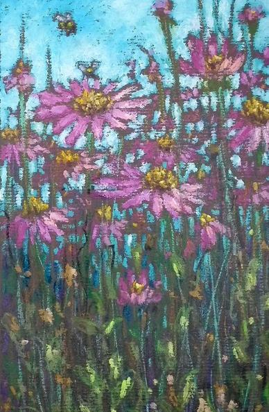 A little oil pastel painting of pink flowers with bees  and a blue sky.
