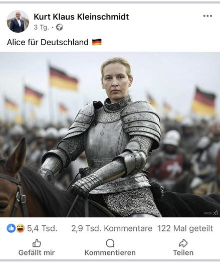 FB-Post von K. Kleinschmidt, 20.12.2025. Darauf ein KI-generiertes Foto von Alice Weidel in Ritterrüstung und dazu die Parole „Alice für Deutschland!“, die an den verbotenen Leitspruch der SA angelehnt ist.